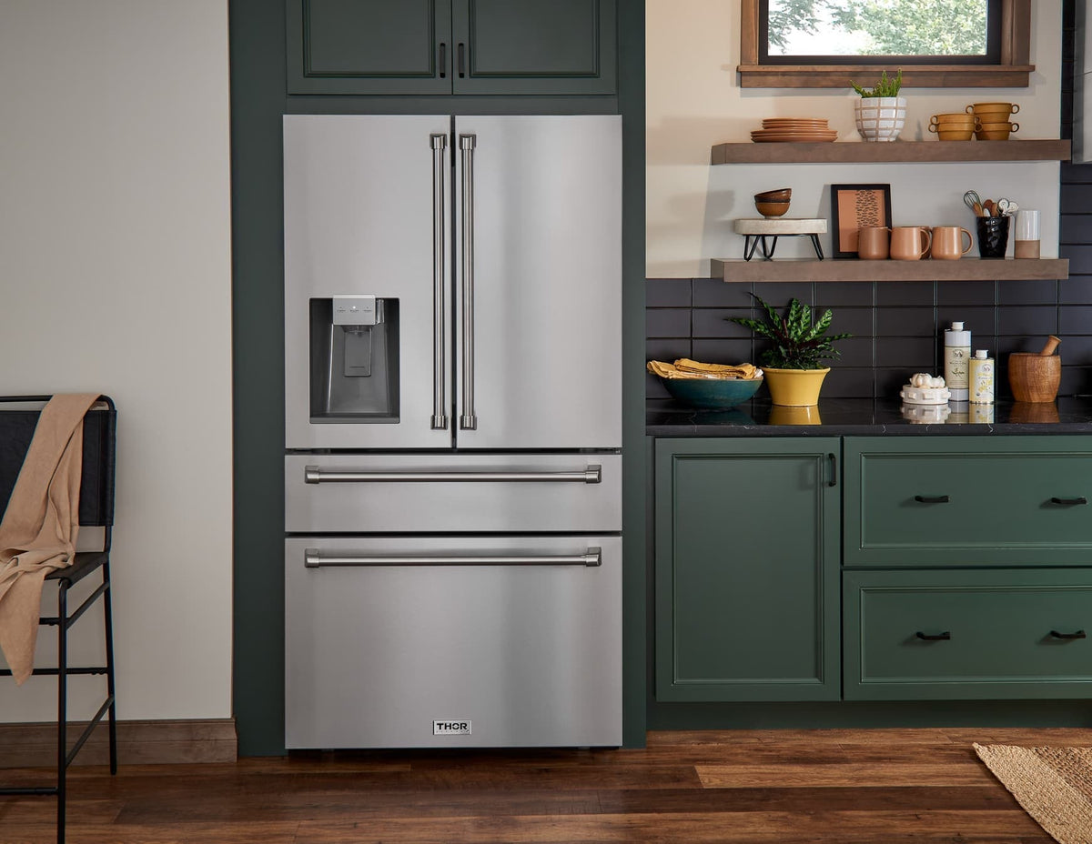 Thor Kitchen 5-Piece Pro Appliance Package - 36-Inch Rangetop, Electric Wall Oven, Wall Mount Hood, Dishwasher & Refrigerator with Water Dispenser in Stainless Steel