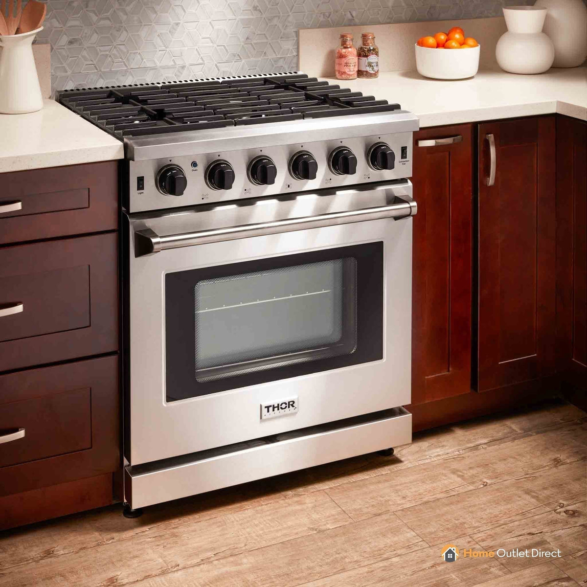 Thor Kitchen 6-Piece Appliance Package - 30-Inch Gas Range, Refrigerator with Water Dispenser, Wall Mount Hood, Dishwasher, Microwave Drawer, & Wine Cooler in Stainless Steel