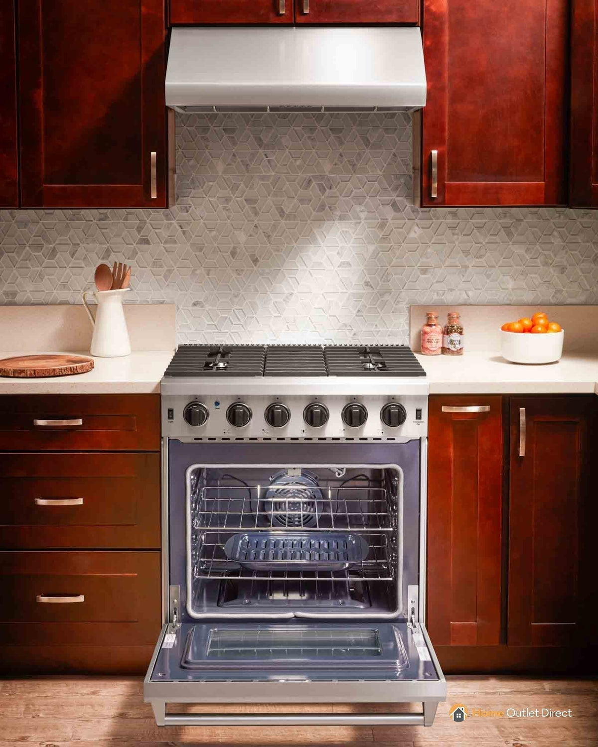 Thor Kitchen 6-Piece Appliance Package - 30-Inch Gas Range, Refrigerator with Water Dispenser, Wall Mount Hood, Dishwasher, Microwave Drawer, & Wine Cooler in Stainless Steel