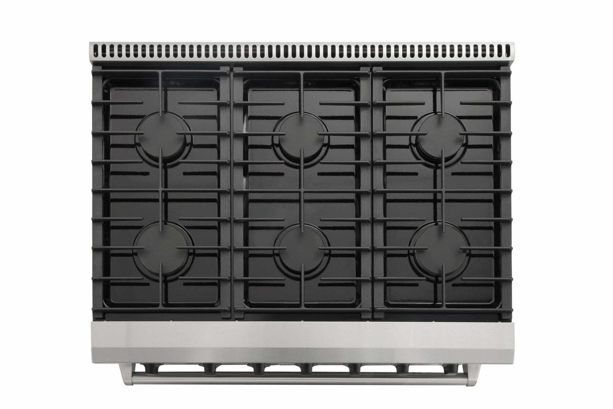 Thor Kitchen 6-Piece Appliance Package - 36-Inch Gas Range, French Door Refrigerator, Wall Mount Hood, Dishwasher, Microwave Drawer, & Wine Cooler in Stainless Steel
