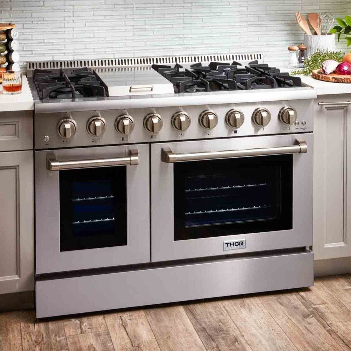 Thor Kitchen 6-Piece Pro Appliance Package - 48-Inch Dual Fuel Range, French Door Refrigerator, Dishwasher, Pro Wall Mount Hood, Microwave Drawer, & Wine Cooler in Stainless Steel