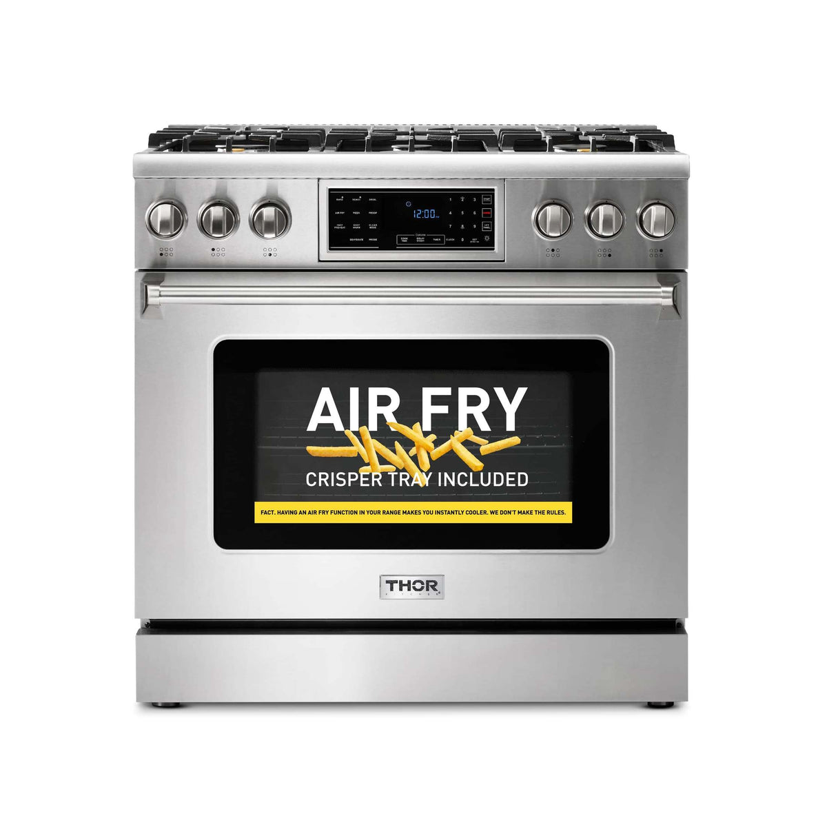 Thor Kitchen 36" Gas Range with 6.0 Cu. Ft. Self-Cleaning Oven, Air Fryer, Tilt Panel in Stainless Steel TRG3601