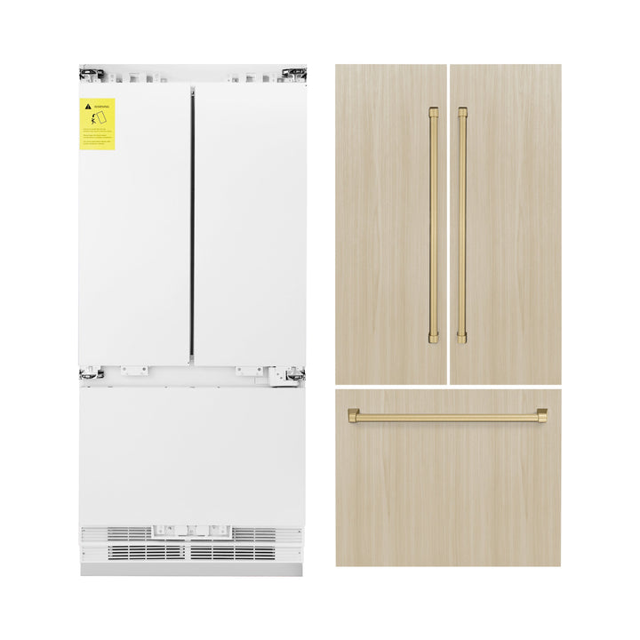 ZLINE Autograph Edition 36-Inch 19.6 cu. ft. Panel Ready Built-in 3-Door French Door Refrigerator with Internal Water and Ice Dispenser with Champagne Bronze Handles RBIVZ-36-CB