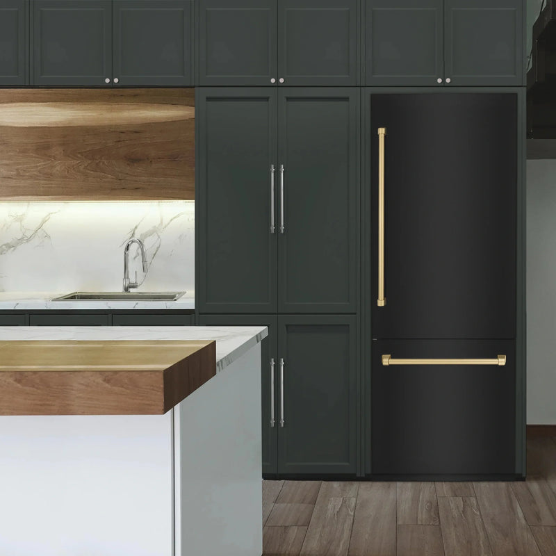 ZLINE 30" Autograph Edition 16.1 cu. ft. Built-in 2-Door Bottom Freezer Refrigerator with Internal Water and Ice Dispenser in Black Stainless Steel with Champagne Bronze Accents RBIVZ-BS-30-CB