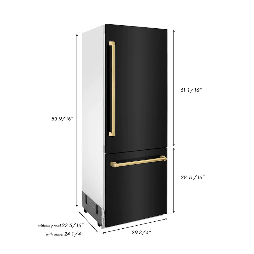ZLINE 30" Autograph Edition 16.1 cu. ft. Built-in 2-Door Bottom Freezer Refrigerator with Internal Water and Ice Dispenser in Black Stainless Steel with Gold Accents RBIVZ-BS-30-G