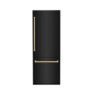ZLINE 30" Autograph Edition 16.1 cu. ft. Built-in 2-Door Bottom Freezer Refrigerator with Internal Water and Ice Dispenser in Black Stainless Steel with Gold Accents RBIVZ-BS-30-G