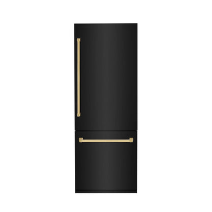 ZLINE 30" Autograph Edition 16.1 cu. ft. Built-in 2-Door Bottom Freezer Refrigerator with Internal Water and Ice Dispenser in Black Stainless Steel with Gold Accents RBIVZ-BS-30-G