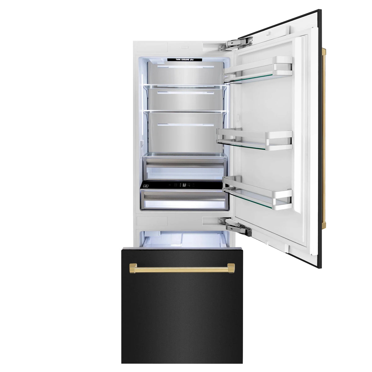 ZLINE 30" Autograph Edition 16.1 cu. ft. Built-in 2-Door Bottom Freezer Refrigerator with Internal Water and Ice Dispenser in Black Stainless Steel with Gold Accents RBIVZ-BS-30-G