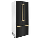 ZLINE 36" Autograph Edition 19.6 cu. ft. Built-in 3-DoorFrench Door Refrigerator with Internal Water and Ice Dispenser in Black Stainless Steel with Gold Accents RBIVZ-BS-36-G