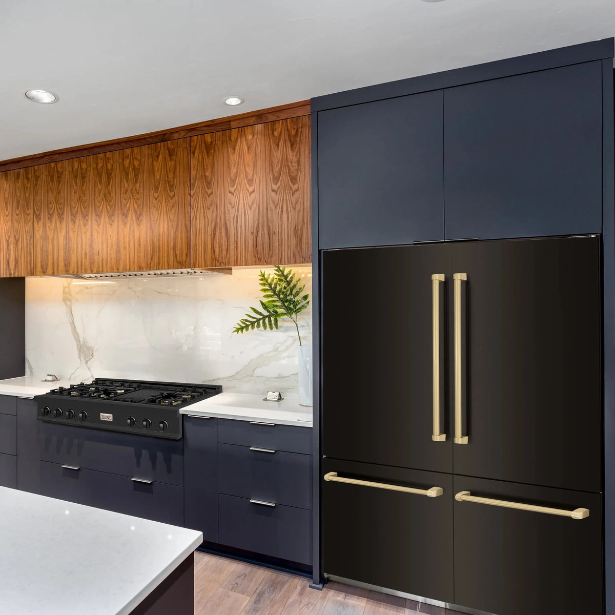 ZLINE 60" Autograph Edition 32.2 cu. ft. Built-in 4-Door French Door Refrigerator with Internal Water and Ice Dispenser in Black Stainless Steel with Champagne Bronze Accents RBIVZ-BS-60-CB