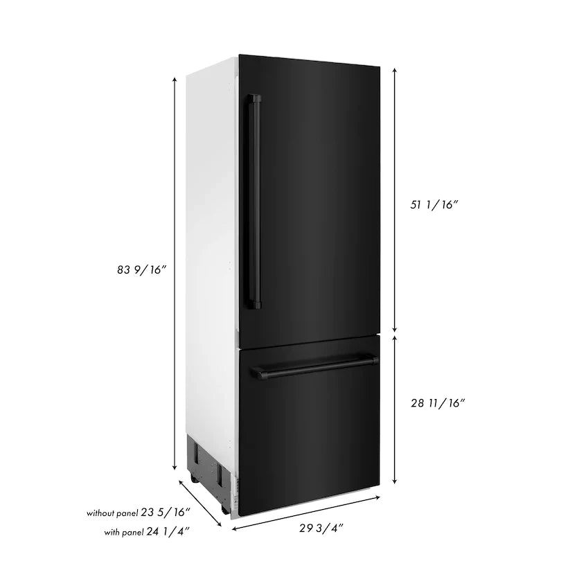 ZLINE 30" 16.1 cu. ft. Built-In 2-Door Bottom Freezer Refrigerator with Internal Water and Ice Dispenser in Black Stainless Steel RBIV-BS-30