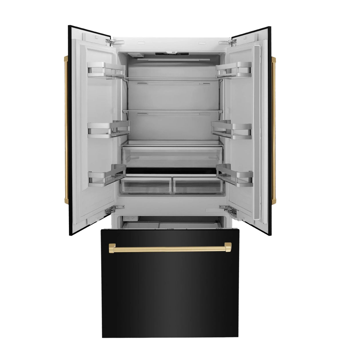 ZLINE 36" Autograph Edition 19.6 cu. ft. Built-in 3-DoorFrench Door Refrigerator with Internal Water and Ice Dispenser in Black Stainless Steel with Gold Accents RBIVZ-BS-36-G