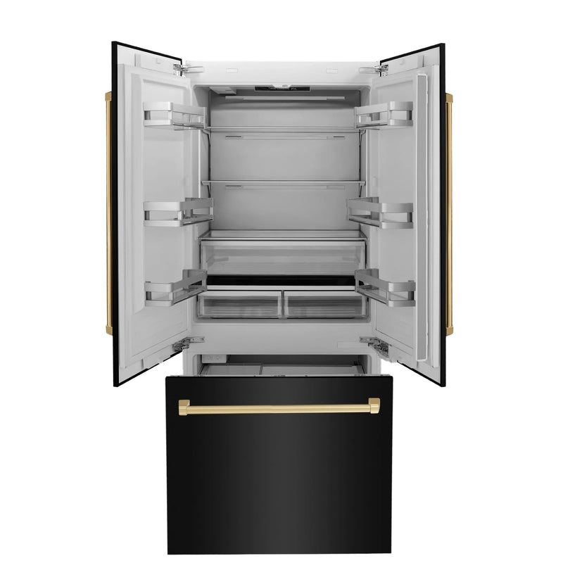 ZLINE 36" Autograph Edition 19.6 cu. ft. Built-in 3-DoorFrench Door Refrigerator with Internal Water and Ice Dispenser in Black Stainless Steel with Gold Accents RBIVZ-BS-36-G