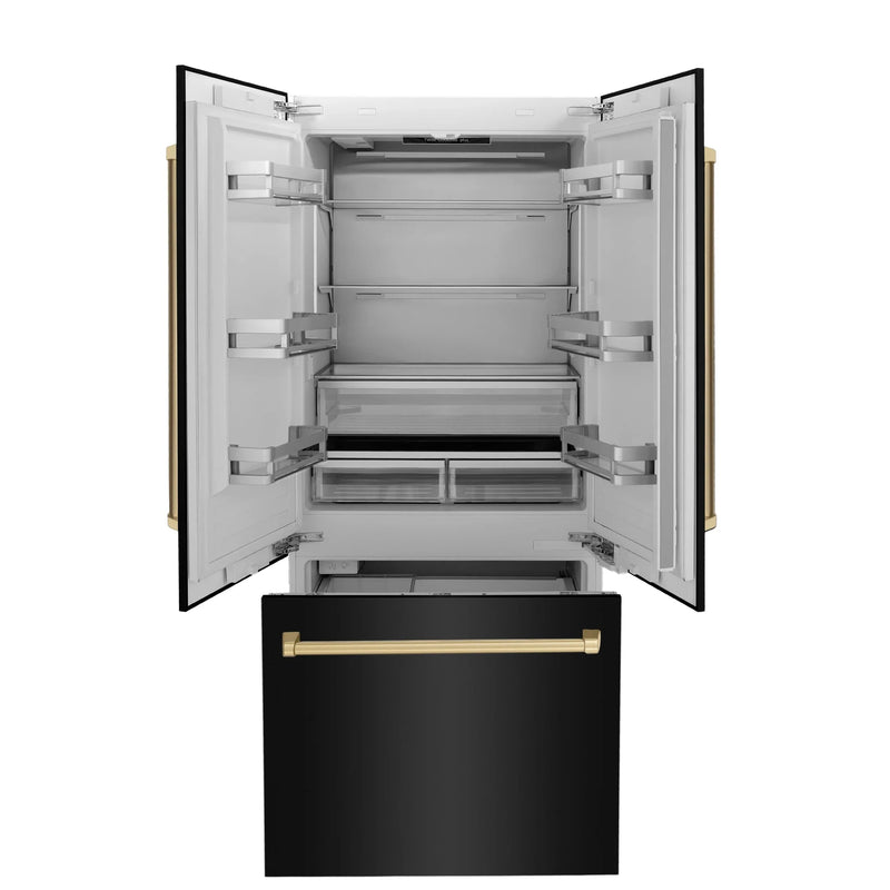 ZLINE 36" Autograph Edition 19.6 cu. ft. Built-in 3-Door French Door Refrigerator with Internal Water and Ice Dispenser in Black Stainless Steel with Champagne Bronze Accents RBIVZ-BS-36-CB