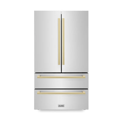 ZLINE 36-Inch Autograph Edition 22.5 cu. ft 4-Door French Door Refrigerator with Ice Maker in Stainless Steel with Champagne Bronze Square Handles RFMZ-36-FCB