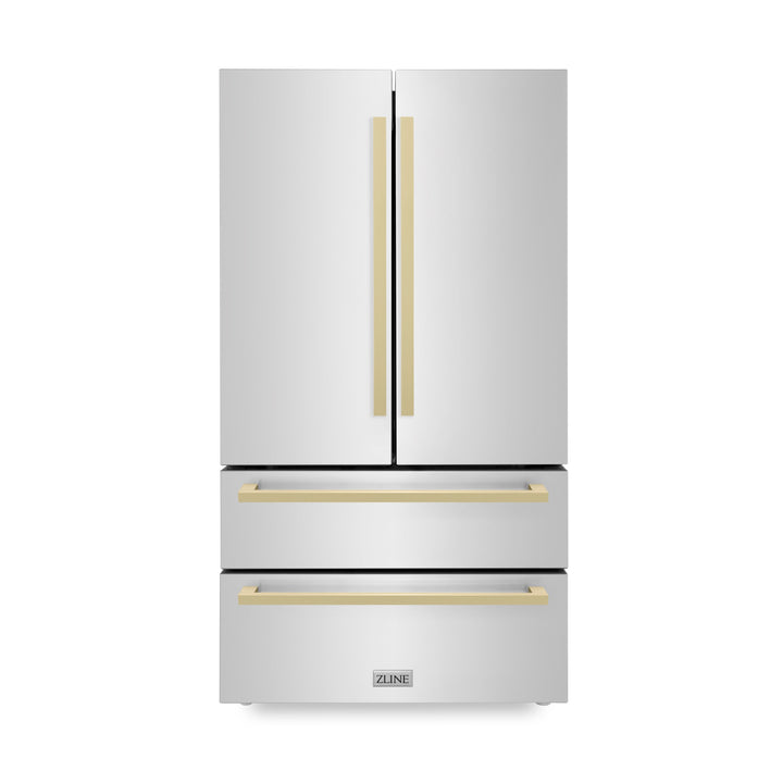 ZLINE 36-Inch Autograph Edition 22.5 cu. ft 4-Door French Door Refrigerator with Ice Maker in Stainless Steel with Champagne Bronze Square Handles RFMZ-36-FCB