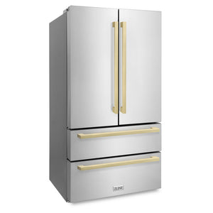 ZLINE 36-Inch Autograph Edition 22.5 cu. ft 4-Door French Door Refrigerator with Ice Maker in Stainless Steel with Champagne Bronze Square Handles RFMZ-36-FCB