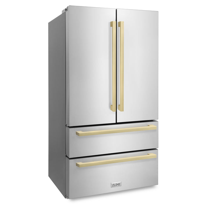 ZLINE 36-Inch Autograph Edition 22.5 cu. ft 4-Door French Door Refrigerator with Ice Maker in Stainless Steel with Champagne Bronze Square Handles RFMZ-36-FCB