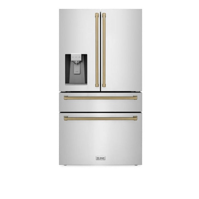 ZLINE 36" Autograph Edition 21.6 cu. ft Freestanding French Door Refrigerator with Water and Ice Dispenser in Fingerprint Resistant Stainless Steel with Accents (RFMZ-W-36)
