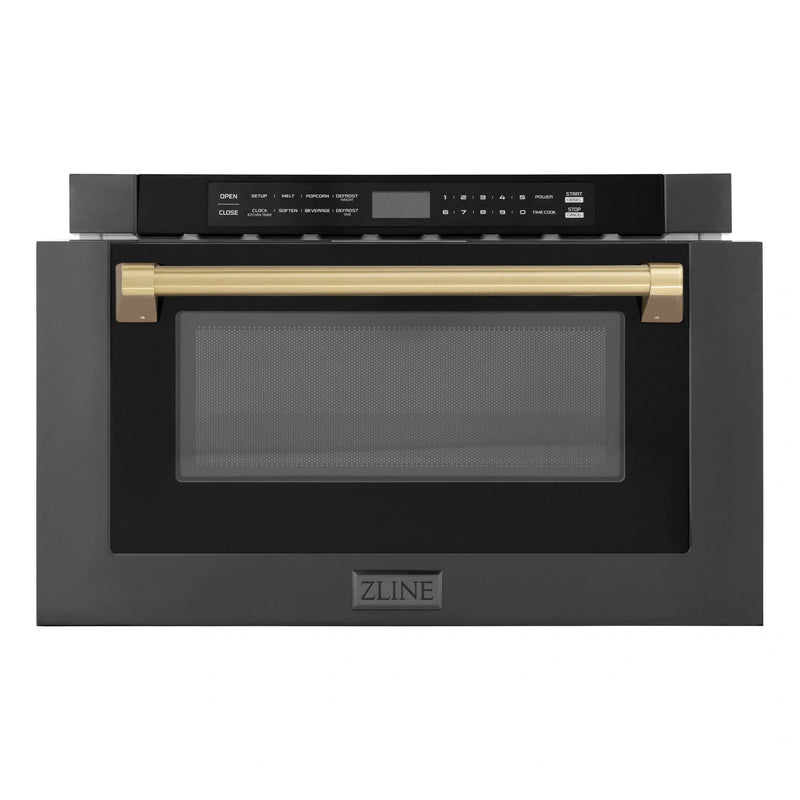 ZLINE Autograph Edition 24" 1.2 cu. ft. Built-in Microwave Drawer in Black Stainless Steel and Champagne Bronze Accents MWDZ-1-BS-H-CB