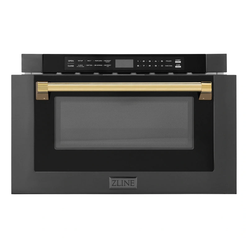 ZLINE Autograph Edition 24" 1.2 cu. ft. Built-in Microwave Drawer in Black Stainless Steel and Gold Accents MWDZ-1-BS-H-G