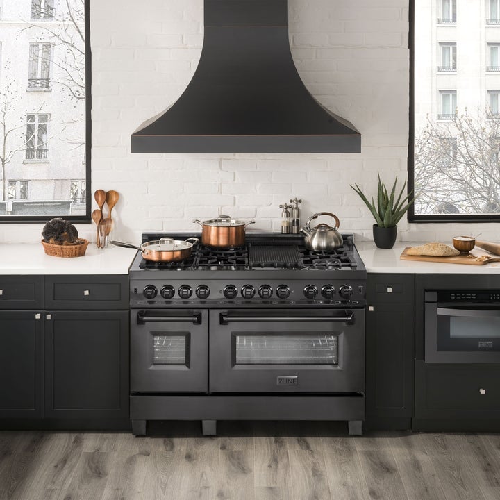 ZLINE 48" Kitchen Package with Black Stainless Steel Dual Fuel Range and Convertible Vent Range Hood (2KP-RABRH48)