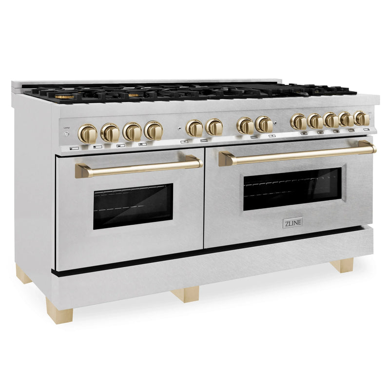 ZLINE Autograph Edition 60-Inch 7.4 cu. ft. Dual Fuel Range with Gas Stove and Electric Oven in DuraSnow Stainless Steel with Gold Accents (RASZ-SN-60-G)
