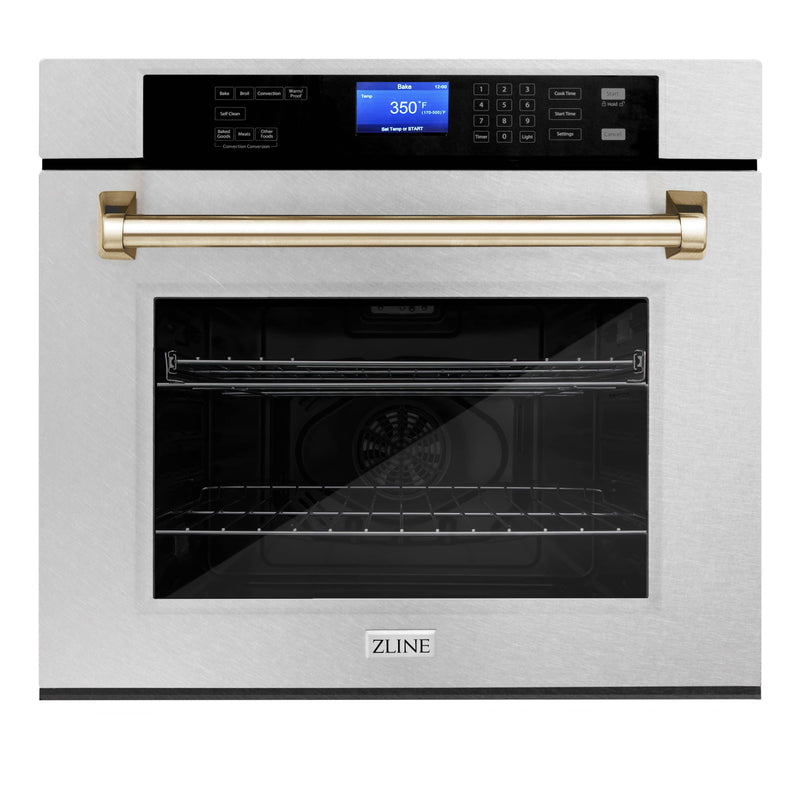 ZLINE Autograph Edition 2-Piece Appliance Package - 30-Inch Single Wall Oven with Self-Clean and 30-inch Built-In Microwave Oven in DuraSnow Stainless Steel with Gold Trim