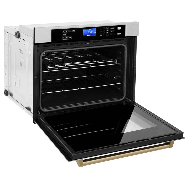 ZLINE Autograph Edition 2-Piece Appliance Package - 30-Inch Single Wall Oven with Self-Clean and 30-inch Built-In Microwave Oven in DuraSnow Stainless Steel with Champagne Bronze Trim