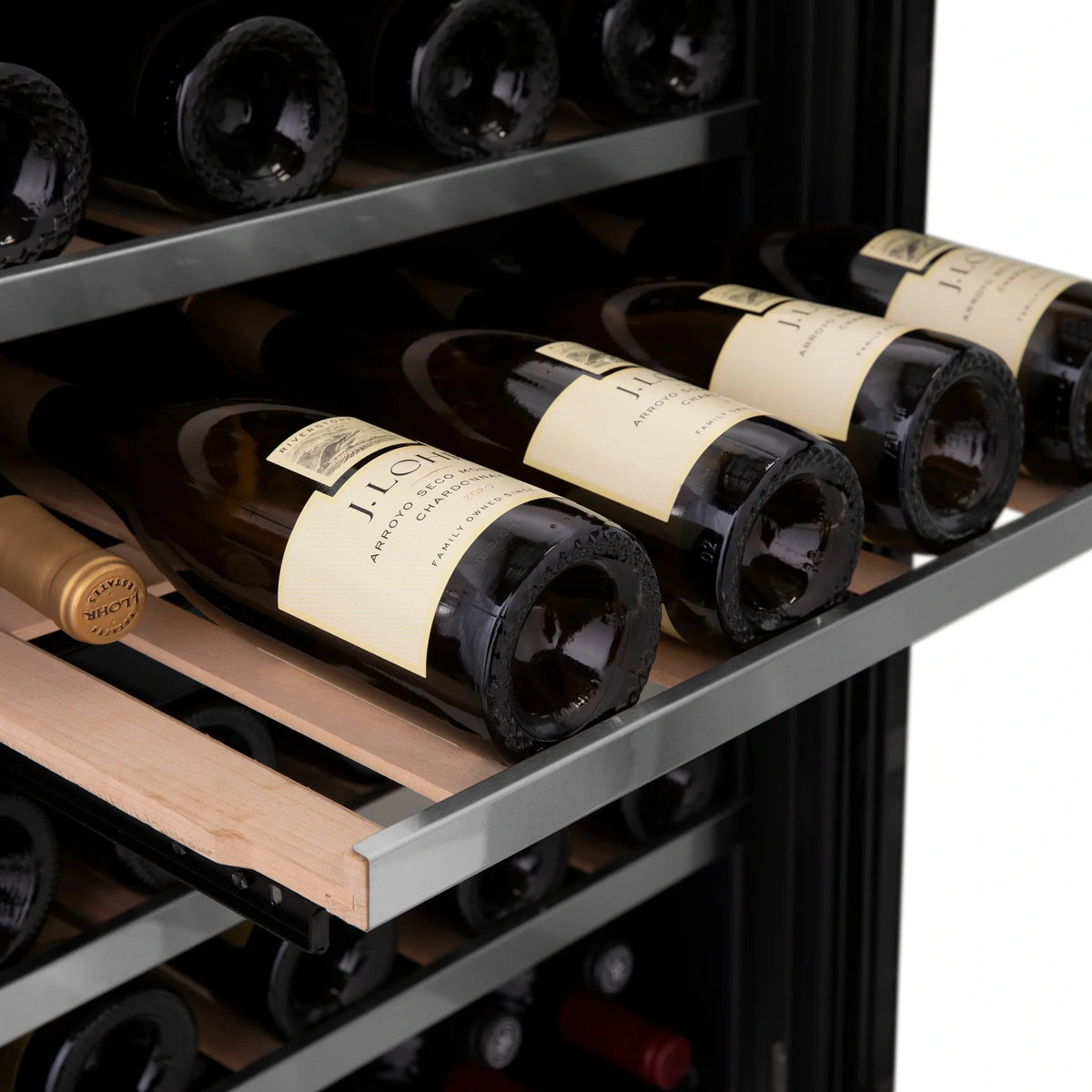 ZLINE 24 In. Monument Dual Zone 44-Bottle Wine Cooler in Stainless Steel with Wood Shelf RWV-UD-24
