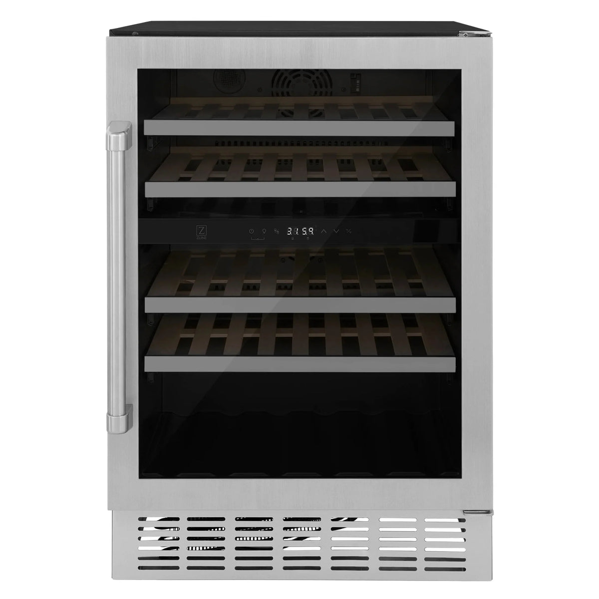 ZLINE 24 In. Monument Dual Zone 44-Bottle Wine Cooler in Stainless Steel with Wood Shelf RWV-UD-24