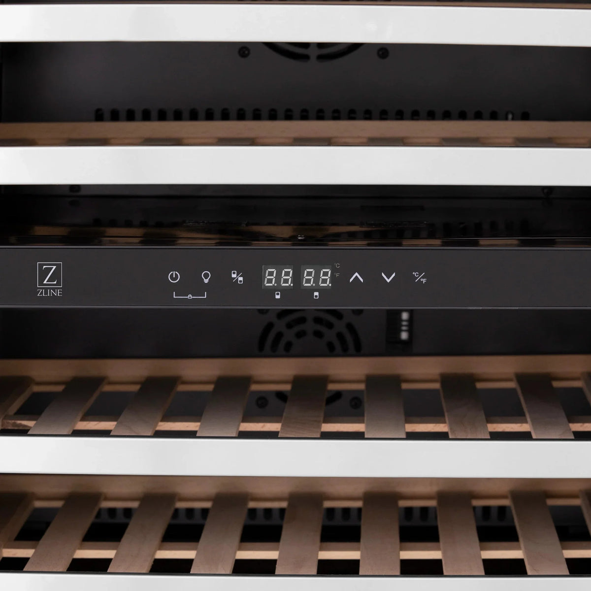 ZLINE 24 In. Monument Dual Zone 44-Bottle Wine Cooler in Stainless Steel with Wood Shelf RWV-UD-24