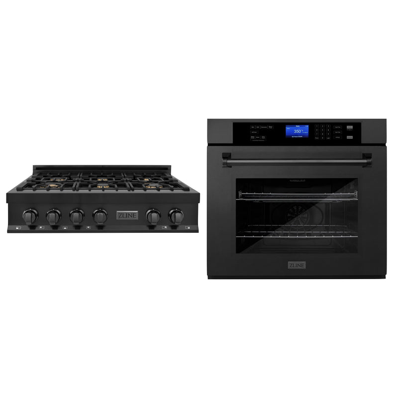 ZLINE 2-Piece Appliance Package - 36-inch Rangetop with Brass Burners and 30-inch Wall Oven in Black Stainless Steel (2KP-RTBAWS36)