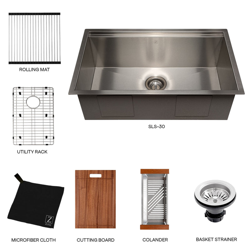 ZLINE 30" Garmisch Undermount Single Bowl Kitchen Sink with Bottom Grid and Accessories 