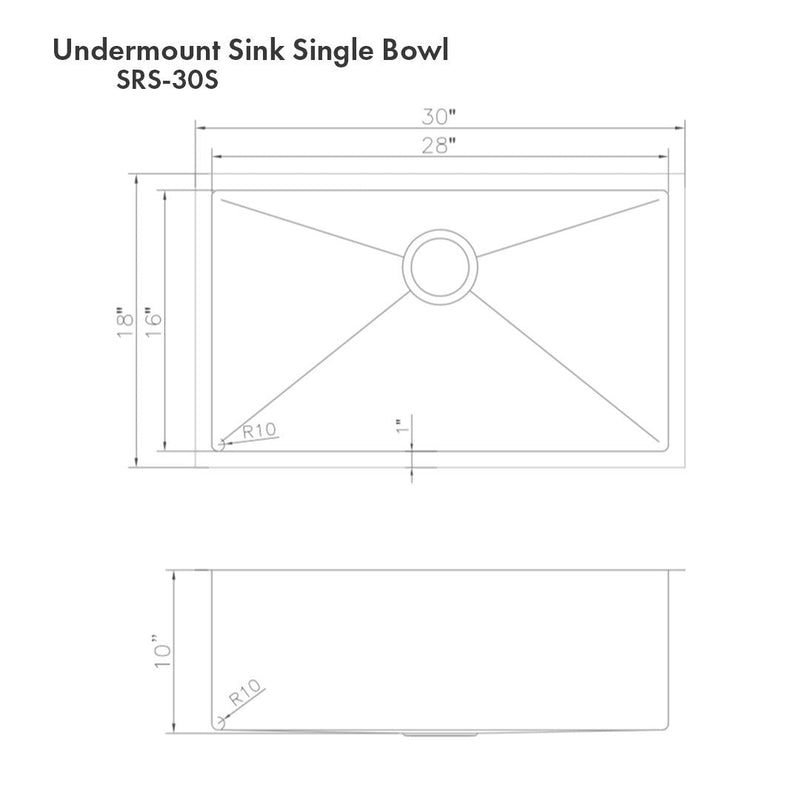 ZLINE 30" Meribel Undermount Single Bowl Kitchen Sink with Bottom Grid