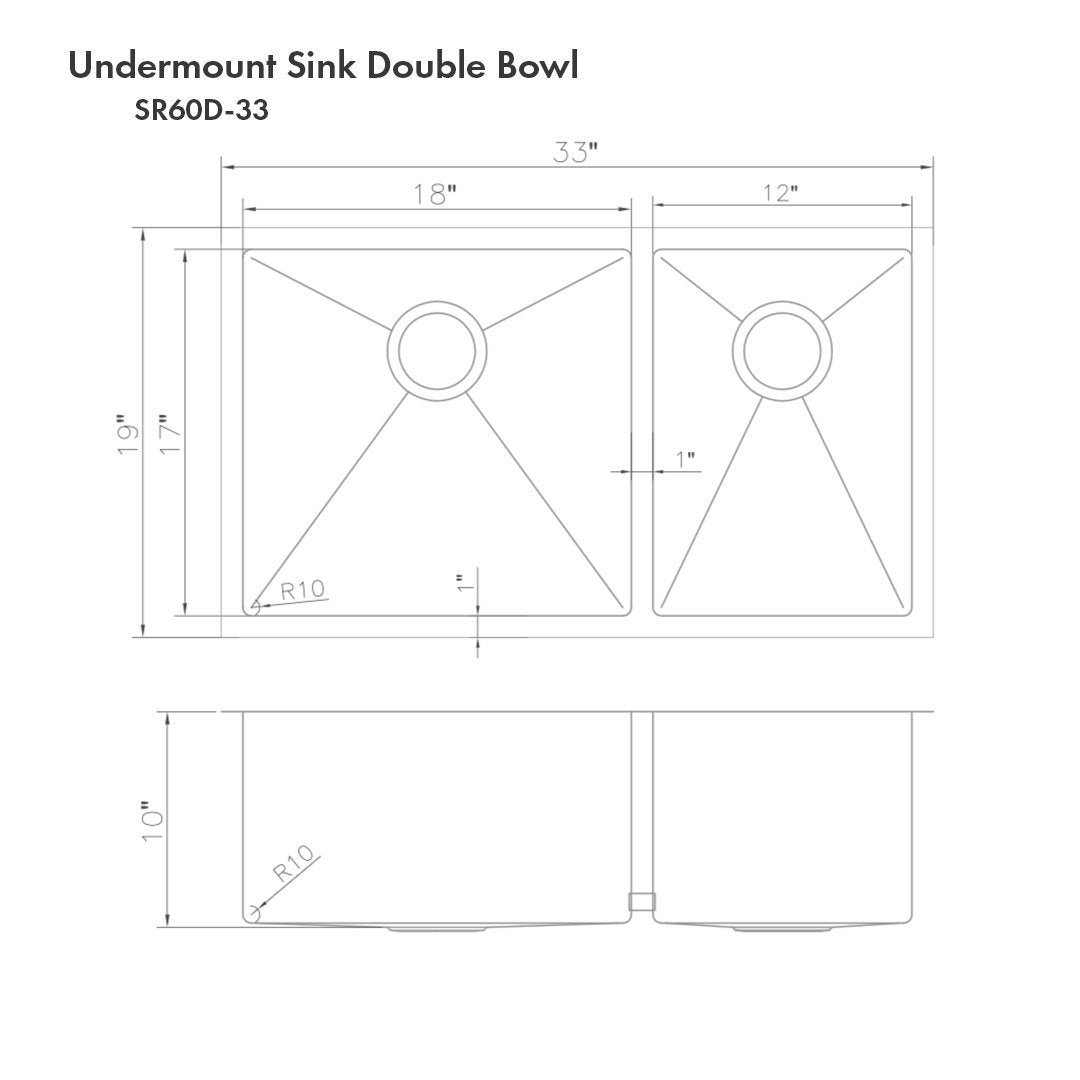 ZLINE 33" Chamonix Undermount Double Bowl Kitchen Sink with Bottom Grid 