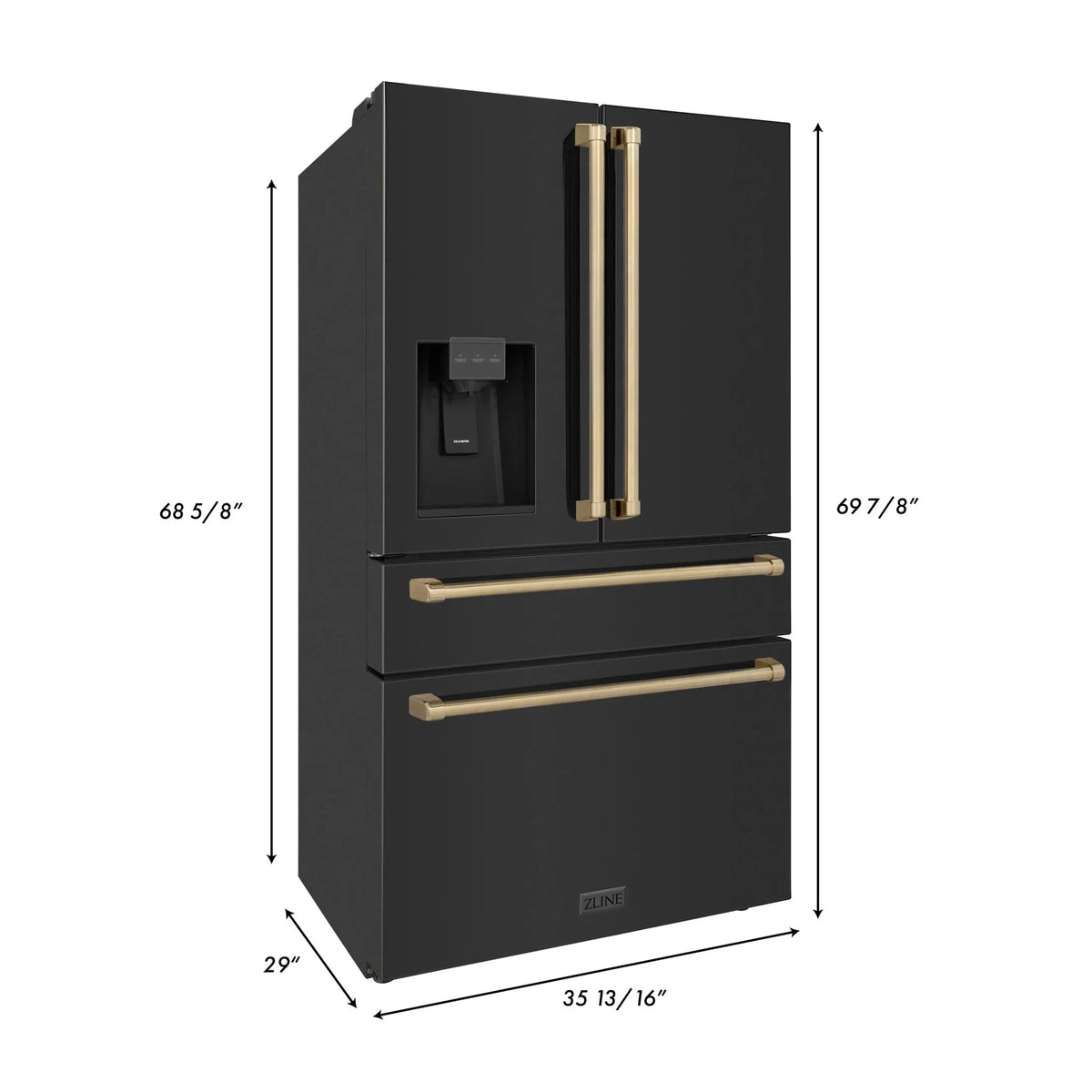 ZLINE 36" Autograph Edition 21.6 cu. ft Freestanding French Door Refrigerator with Water and Ice Dispenser in Fingerprint Resistant Black Stainless Steel with Autograph Handles