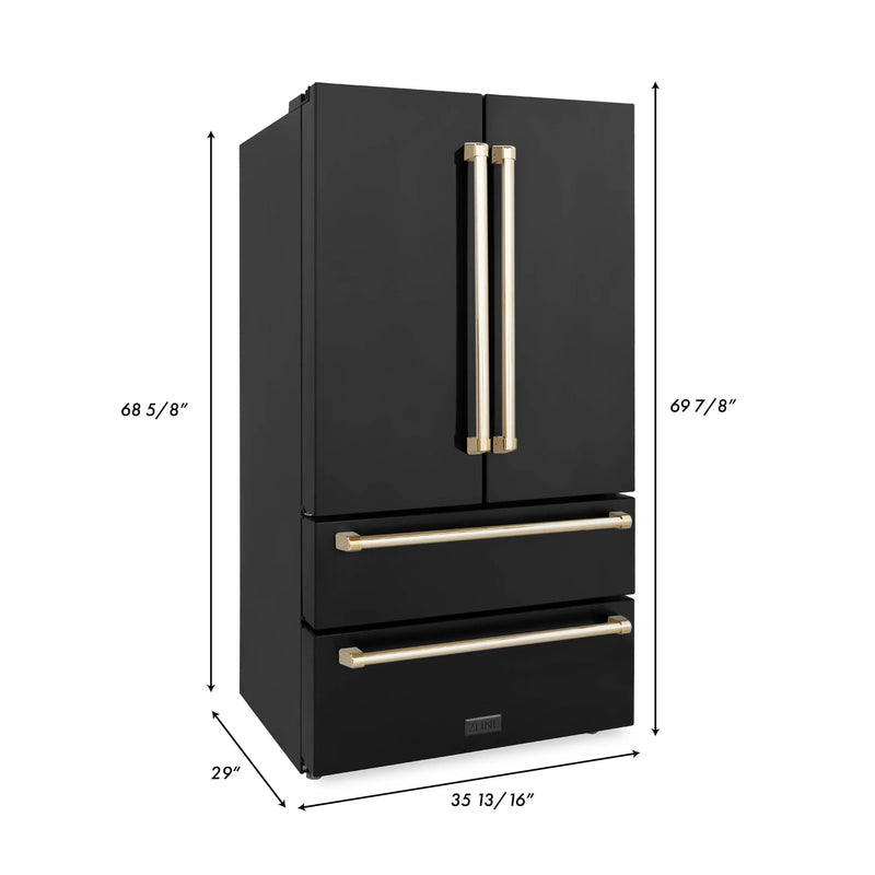 ZLINE 36" Autograph Edition 22.5 cu. ft Freestanding French Door Refrigerator with Ice Maker in Fingerprint Resistant Black Stainless Steel with Accents