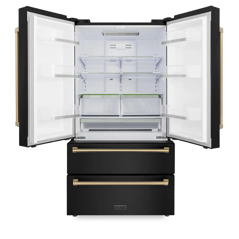 ZLINE 36" Autograph Edition 22.5 cu. ft Freestanding French Door Refrigerator with Ice Maker in Fingerprint Resistant Black Stainless Steel with Accents