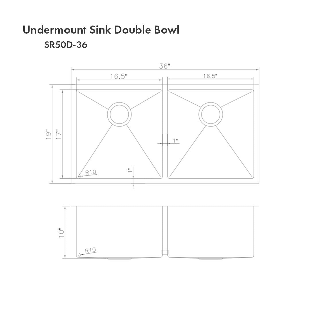ZLINE 36" Chamonix Undermount Double Bowl Kitchen Sink with Bottom Grid
