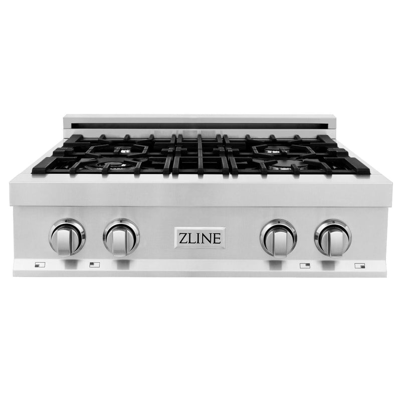 ZLINE 4-Piece Appliance Package - 30-Inch Rangetop, 30” Double Wall Oven, 36” Refrigerator with Water Dispenser, and Convertible Wall Mount Hood in Stainless Steel (4KPRW-RTRH30-AWD)