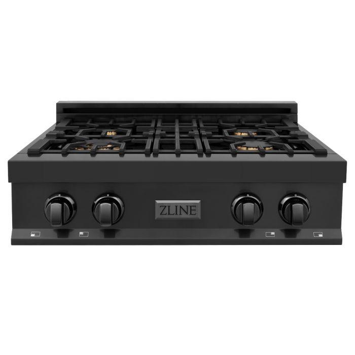 ZLINE 4-Piece Appliance Package - 30-Inch Rangetop with Brass Burners, Refrigerator, 30-Inch Electric Wall Oven, and 30-Inch Microwave Oven in Black Stainless Steel (4KPR-RTB30-MWAWS)
