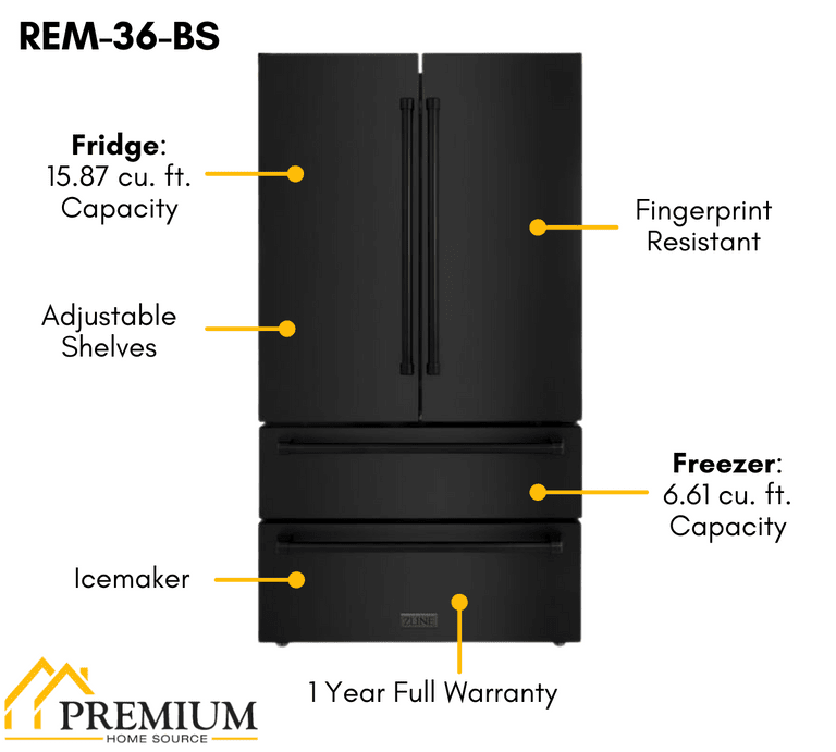 ZLINE 4-Piece Appliance Package - 36 In. Rangetop, Range Hood, Refrigerator, and Wall Oven in Black Stainless Steel - 4KPR-RTBRH36-AWS