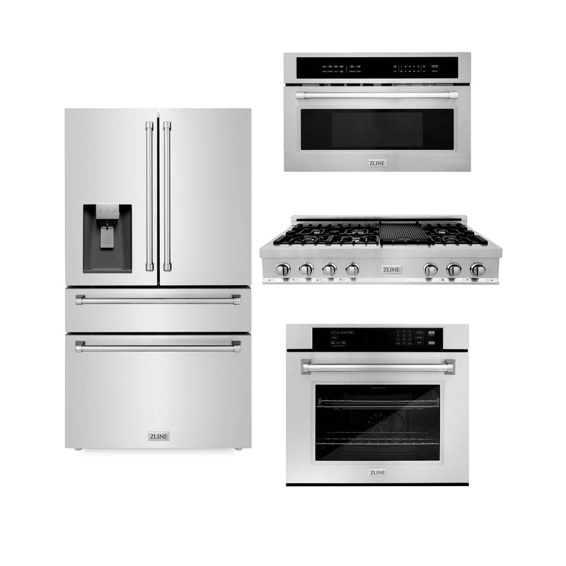 ZLINE 4-Piece Appliance Package - 48-Inch Rangetop, 30” Wall Oven, 36” Refrigerator with Water Dispenser, and 30-Inch Microwave Oven in Stainless Steel (4KPRW-RT48-MWAWS)