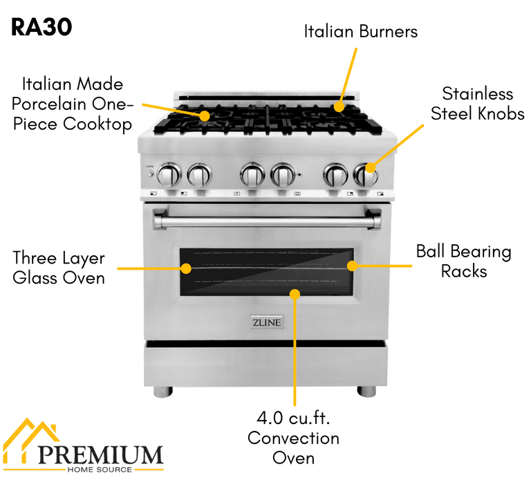 ZLINE Appliance Package - 30 in. Dual Fuel Range, 30 in. Range Hood, Microwave Drawer - 3KP-RARH30-MW