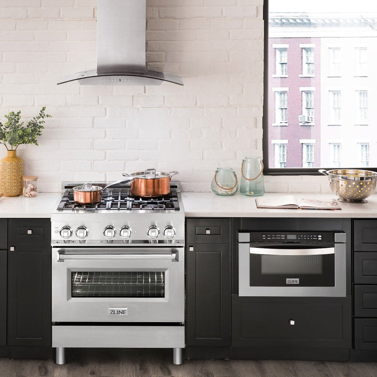 ZLINE Appliance Package - 30 in. Dual Fuel Range, 30 in. Range Hood, Microwave Drawer - 3KP-RARH30-MW