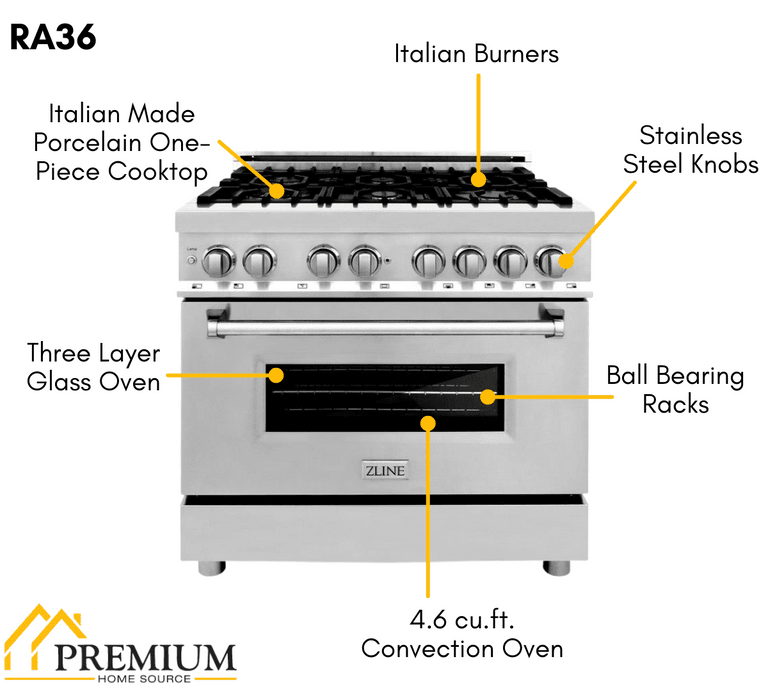 ZLINE Appliance Package - 36 In. Dual Fuel Range, Range Hood, Microwave Oven in Stainless Steel - 3KP-RARHMWO-36
