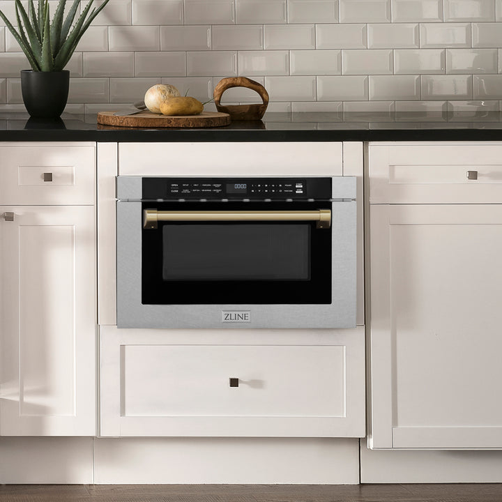 ZLINE Autograph Edition 24" 1.2 cu. ft. Built-in Microwave Drawer with a Traditional Handle in Fingerprint Resistant Stainless Steel MWDZ-1-SS-H