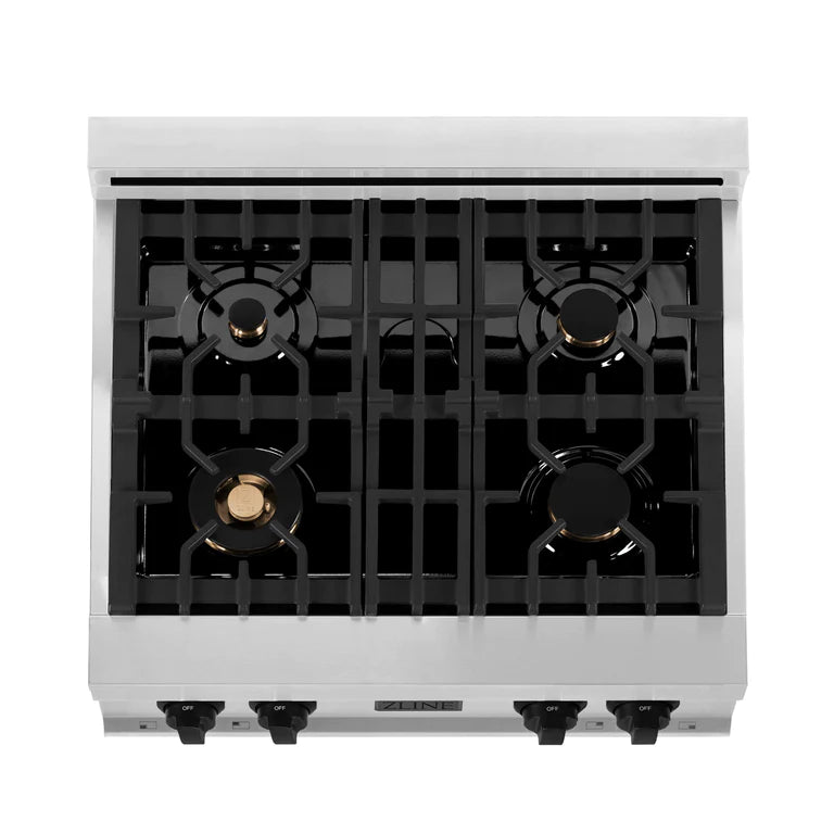 ZLINE Autograph Edition 30 in. Porcelain Rangetop with 4 Gas Burners in Stainless Steel and Matte Black Accents, RTZ-30-MB