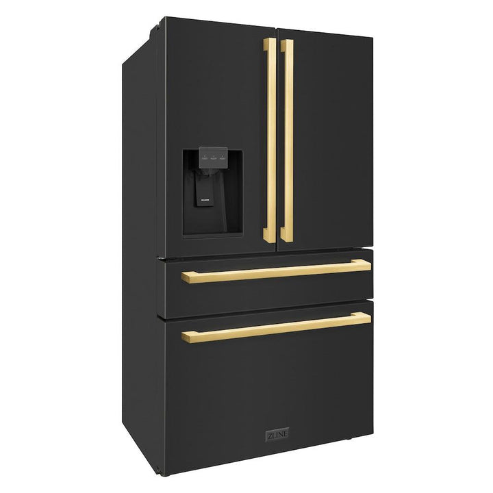 ZLINE Autograph Edition 36-Inch 21.6 cu. ft 4-Door French Door Refrigerator with Water and Ice Dispenser in Black Stainless Steel with Polished Gold Square Handles RFMZ-W-36-BS-FG